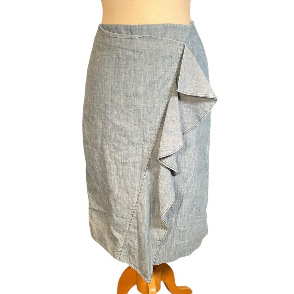 J.Crew Wrap Midi Skirt 6 Chambray Blue Linen Look Ruffle Asymmetrical Minimalist